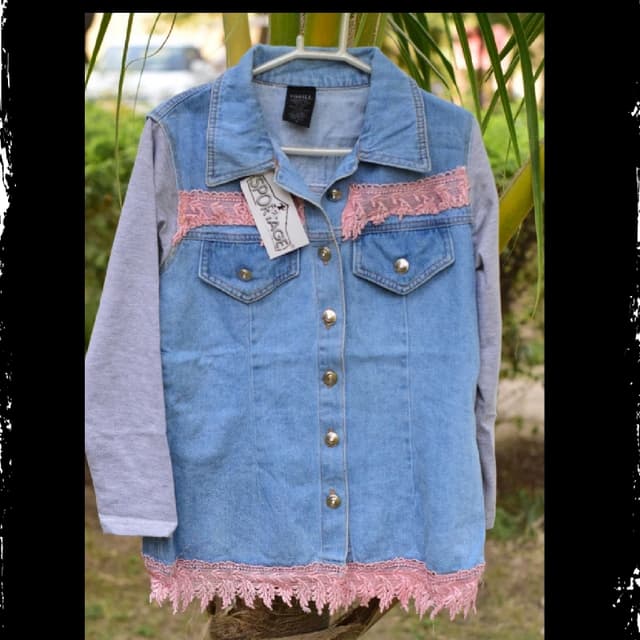 Pink Lace Embroidered Denim Jacket